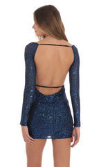 Blue Sequin Long Sleeve Open Back Bodycon Dress in Black