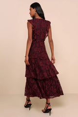 Molinetto Burgundy Lace Ruffled Tiered Sleeveless Maxi Dress