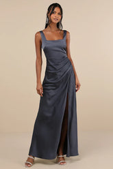 Red Carpet Romance Dark Grey Satin Square Neck Maxi Dress