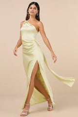 Signature Elegance Pale Yellow Satin One-Shoulder Maxi Dress