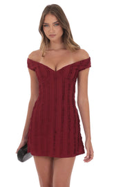Off Shoulder Lace Dress in Maroon