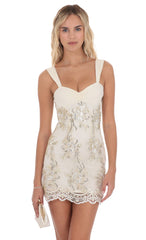 Gold Thread Floral Sequin Dress in Ivory