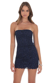 Strapless Lace Back Bow Dress in Navy
