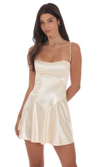 Satin V-Drop Waist Dress in Champagne