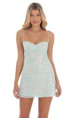Sequin Embroidered Babydoll Dress in Seafoam