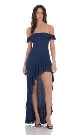 Off Shoulder Ruffle Maxi Dress in Blue