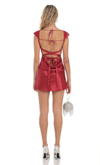 Cowl Neck Satin Open Back Dress in Red