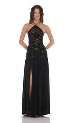 Drop Waist Sequin Maxi Dress in Black