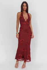Cipriana Backless Halter Maxi Dress Embellished Wine