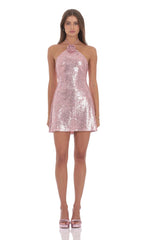 Sequin Florette Halter Dress in Pink