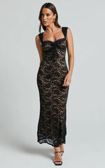 Collette Midi Dress Ruched Bust Wide Strap Detail Lace Midi Dress in Black