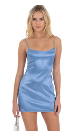 Satin Strappy Back Dress in Blue