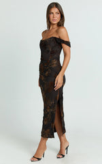 Karlene Midi Dress Ruched Corset Burnout Dress in Black and Brown