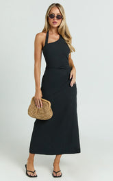 Lindley Midi Dress Halter Neck Linen Look Dress in Black