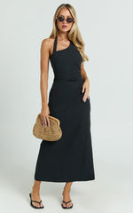 Lindley Midi Dress Halter Neck Linen Look Dress in Black