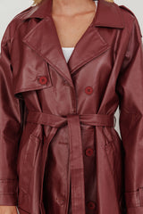 Lyora Longline Faux Leather Trench Coat Burgundy
