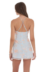 Floral Embroidered Halter Dress in Light Blue