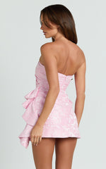 Laila Mini Dress - Jacquard Strapless Fit And Flare Dress in Pink