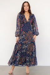 Bowman Deep V Maxi Dress | Dark Blue Multi