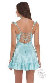 Satin Ruffle Fit and Flare Dress in Cyan