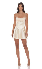 Satin V-Drop Waist Dress in Champagne