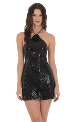 Sequin Florette Halter Dress in Black