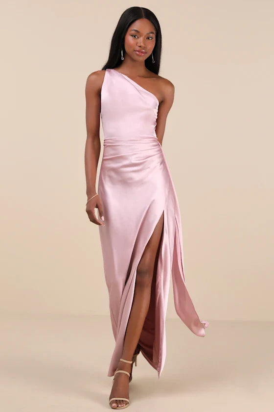 Signature Elegance Dusty Lavender Satin One-Shoulder Maxi Dress