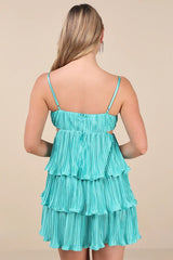 Sleek Dedication Aqua Blue Satin Plisse Cutout Tiered Mini Dress