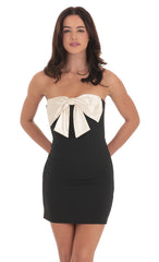 Satin Front Bow Strapless Dress in Black