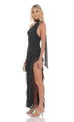 Mesh Halter Scarf Maxi Dress in Black