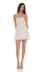 Gold Thread Strapless Fit and Flare Dress in Ivory