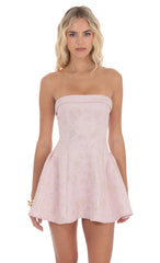 Shimmer Jacquard Strapless Flare Dress in Dusty Pink