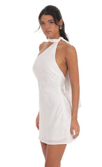 Satin Jacquard Scarf Halter Dress in White