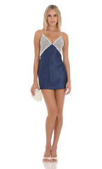 Lace Satin V-Neck Dress in Navy