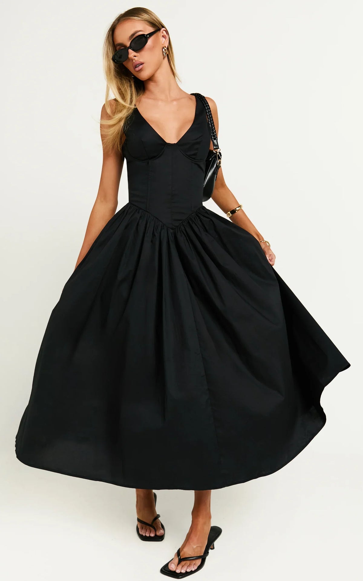 Beckett Midi Dress Scoop Neck Drop V Waist Gathered Skirt Dress in Black