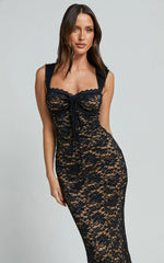 Collette Midi Dress Ruched Bust Wide Strap Detail Lace Midi Dress in Black