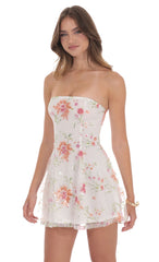 Sequin Floral Strapless Dress in White