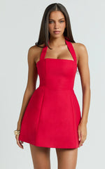 Dante Mini Dress Halter Neck Tie Tulip Skirt Dress in Red