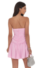 Matte Satin Strapless Ruched Flare Dress in Pink
