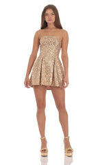 Sequin Strapless Fit and Flare Dress in Gold