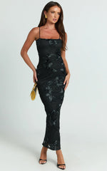 Mina Midi Dress Embroidered Mesh Dress in Black