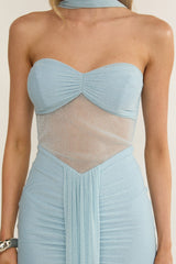 Elma Bandeau Sheer Shimmer Maxi Dress Ice Blue
