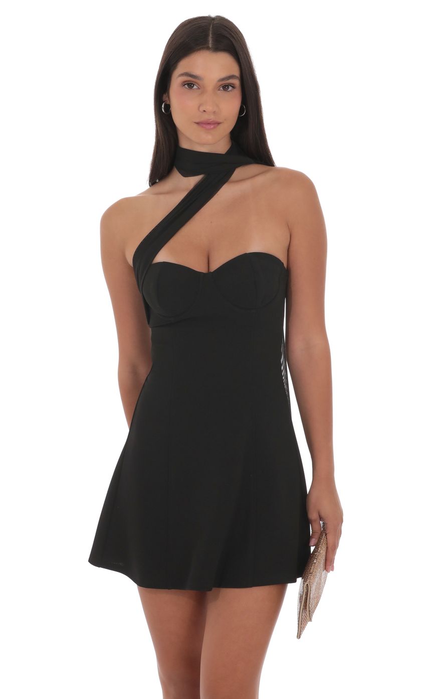 Scarf Wrap Fit and Flare Dress in Black