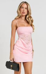 Rania Mini Dress Square Neck Cowl Waist Lace Dress in Pink