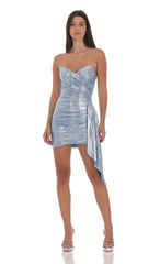 Metallic Corset Tassel Dress in Light Blue