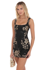 Sequin Floral Open Back Bodycon Dress in Black